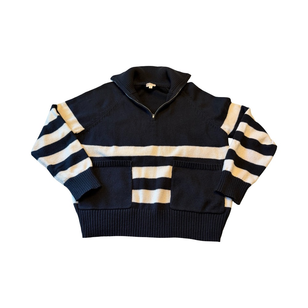 Hem & Thread Womens Black White Striped Quarter Zip Pullover Sweater Large